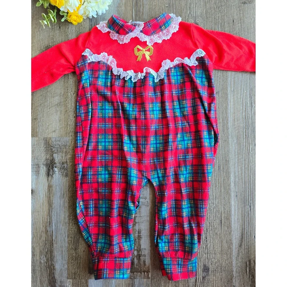 Vintage 80s Playskool Red Plaid Christmas Romper Sleepwear Size Large 6-12m Lace